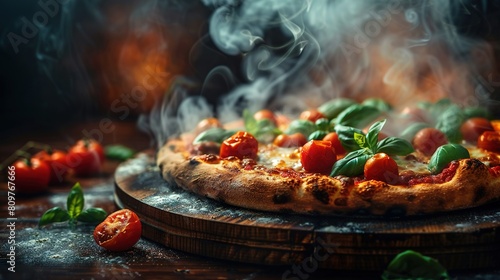  A pizza rests atop a wooden board beside verdant foliage and scattered fruit on a tabletop