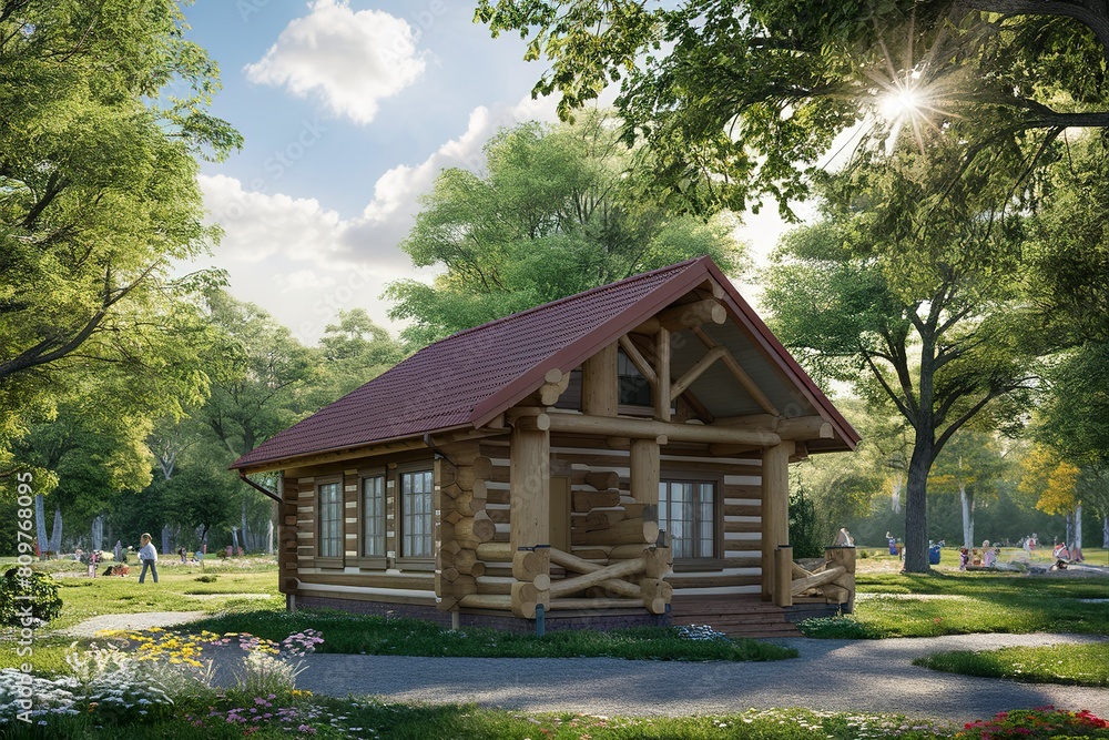 Beautiful log house in green park at summer day Beautiful log house in green park at summer day