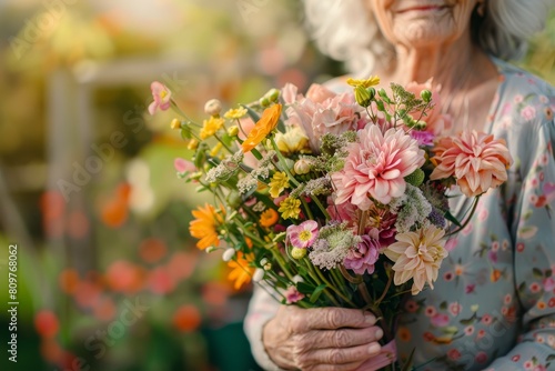 An elderly woman smiles lovingly while holding a bouquet of flowers