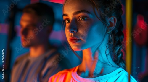 Neon Glow Portrait of Young Woman and Man in Urban Setting. Generative ai © Iuliia Metkalova