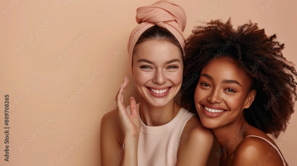 Diverse Beauty: Multiracial Women Smiling with Flawless Skin on Peach Background. Generative ai