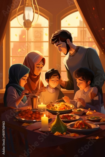 An Illustration of families coming together for a festive meal to celebrate the Islamic New Year.