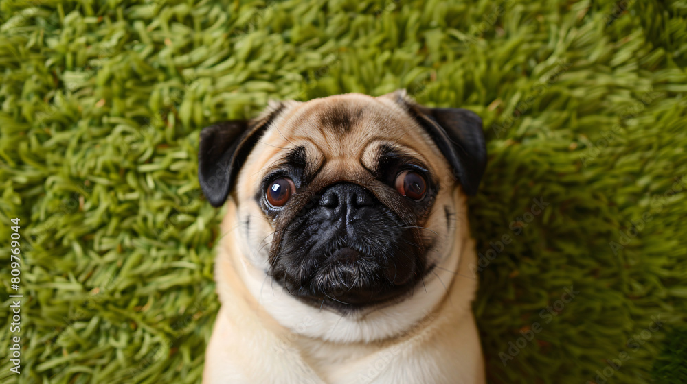 Cute pug dog lying on green carpet at home top view