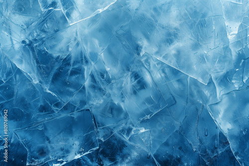 Icy surface background. 3D Illustration of groups of ice cubes scattered on upper left and bottom right of light blue surface covered in ice photo