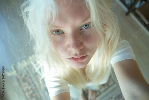 Realistic phone selfie made by beautiful albino girl with blue eyes at home without filters 