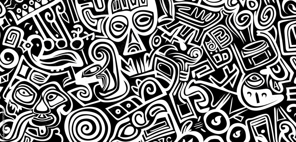 Seamless black and white line doodles featuring intricate ancient symbols. Seamless black and white line doodles featuring intricate ancient symbols.