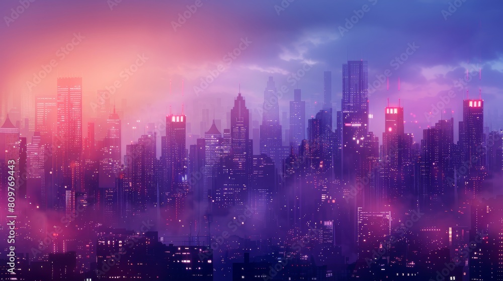 A cityscape with a purple sky and a city skyline. The city is lit up with lights and the sky is filled with clouds. Scene is dreamy and peaceful