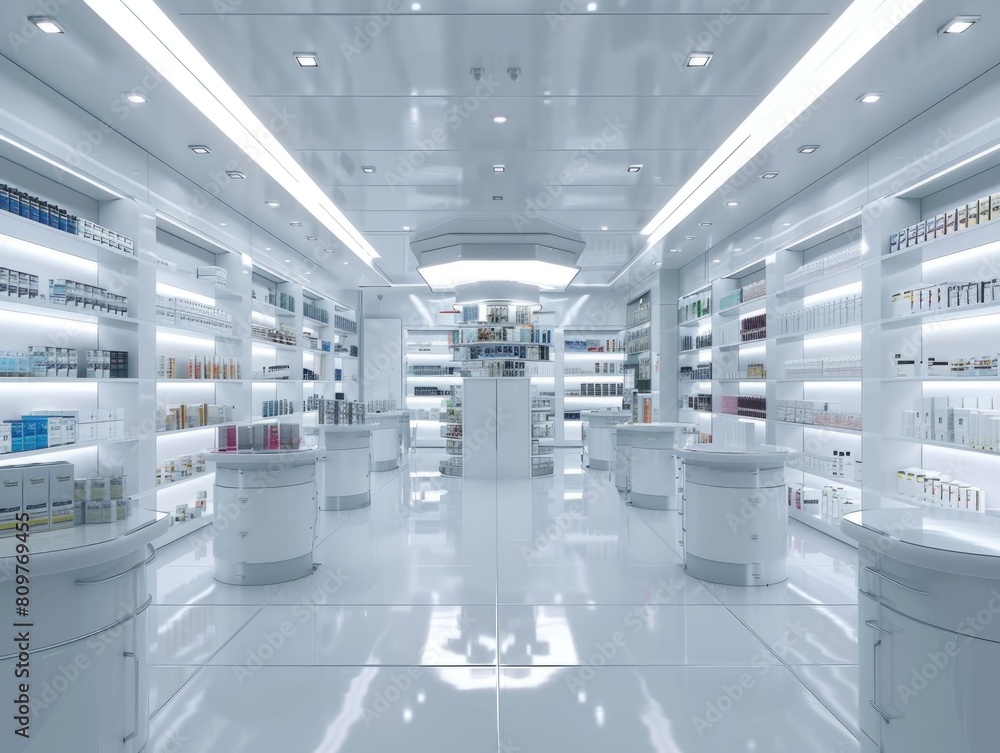 A large white store with many shelves and bottles of various sizes A large white store with many shelves and bottles of various sizes