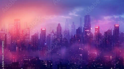 A cityscape with a purple sky and a city skyline. The city is lit up with lights and the sky is filled with clouds. Scene is dreamy and peaceful