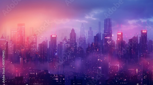 Wallpaper Mural A cityscape with a purple sky and a city skyline. The city is lit up with lights and the sky is filled with clouds. Scene is dreamy and peaceful Torontodigital.ca