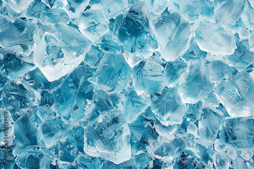 Icy surface background. 3D Illustration of groups of ice cubes scattered on upper left and bottom right of light blue surface covered in ice