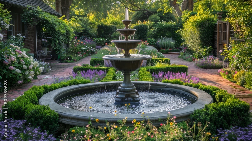 home garden retreat, a peaceful garden oasis featuring a bubbling fountain surrounded by beautiful flower beds and well-kept hedges, offering tranquility in your backyard home garden retreat, a peaceful garden oasis featuring a bubbling fountain surrounded by beautiful flower beds and well-kept hedges, offering tranquility in your backyard