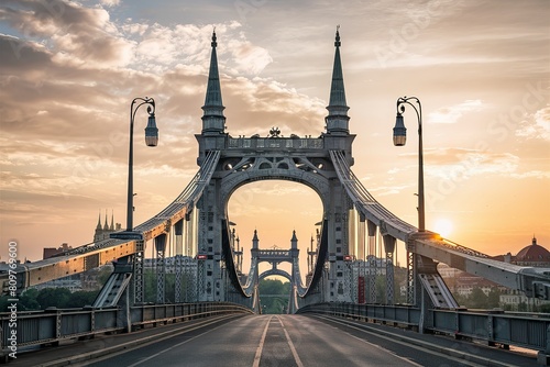 Front view of Liberty bridge in Budapest at sunrise