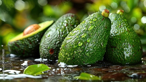   A stack of ripe avocados resting atop a pool of water adjacent to a lush green shrub