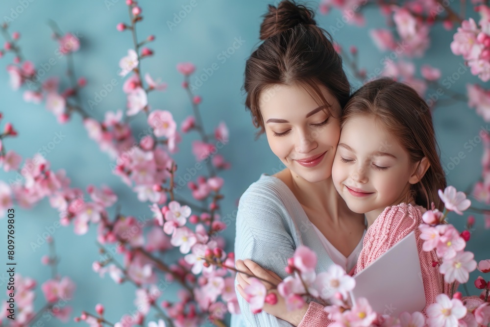 Fototapeta premium A woman and a young girl are hugging and the girl is holding a book. Concept of warmth and love between the two, as well as the importance of reading and learning