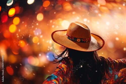 Woman in straw hat dancing on Festa Junina party, colorful bokeh background