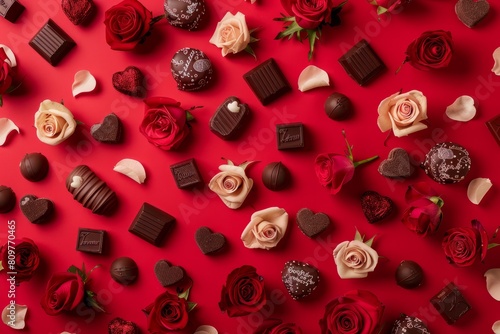 Various chocolates and red roses arranged on a vibrant red surface for Valentines Day celebration