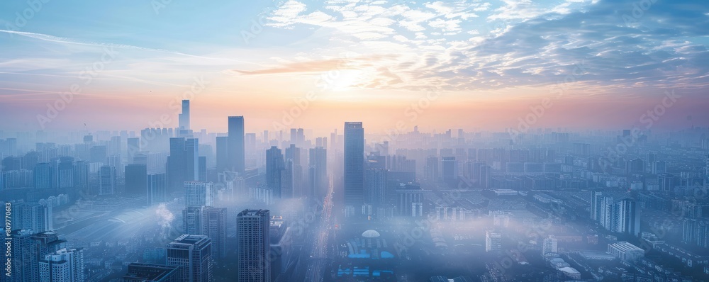 Fototapeta premium A city skyline with a foggy atmosphere and a beautiful sunset. The city is lit up with lights, creating a warm and inviting mood