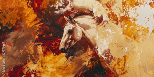 A painting of a horse with a brown mane and a white body photo