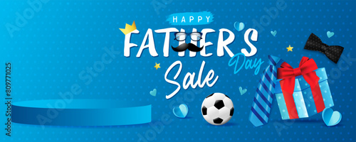 Happy Fathers day promotion banner for product demonstration. Empty podium for fashion product from Father's Day sale. Vector illustration