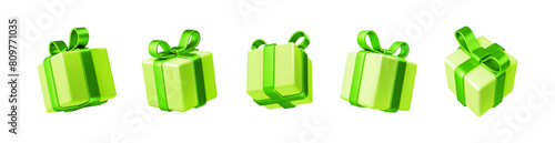Set of realistic 3d render gift boxes. Light green gift box with green bow and ribbon. Gift box in different angles isolated on white. Vector illustration.