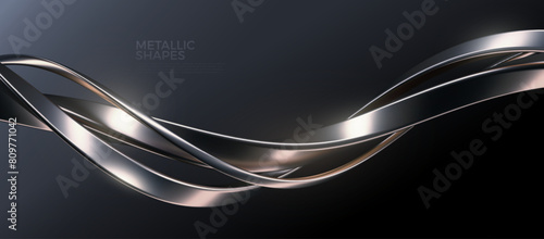 Abstract background with realistic silver metal shape. Fluid chrome wave. Intertwined patinum shapes. Vector 3d luxury design.