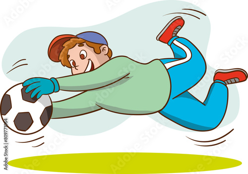 Vector illustration of happy kid boy play soccer as goalkeeper