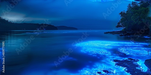 Photo of Bioluminescent Bay Glowing Plankton in Ethereal Blue Light © dekreatif