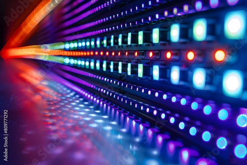 Radiant neon streaks of light speed across a digital tech surface