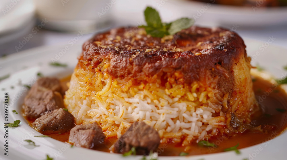 Iranian saffron rice and tender lamb stew with crispy tahdig, beautifully presented on a white plate and garnished with fresh herbs Iranian saffron rice and tender lamb stew with crispy tahdig, beautifully presented on a white plate and garnished with fresh herbs