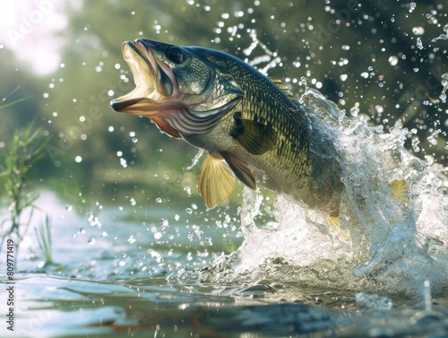 A large fish is leaping out of the water, creating a splash