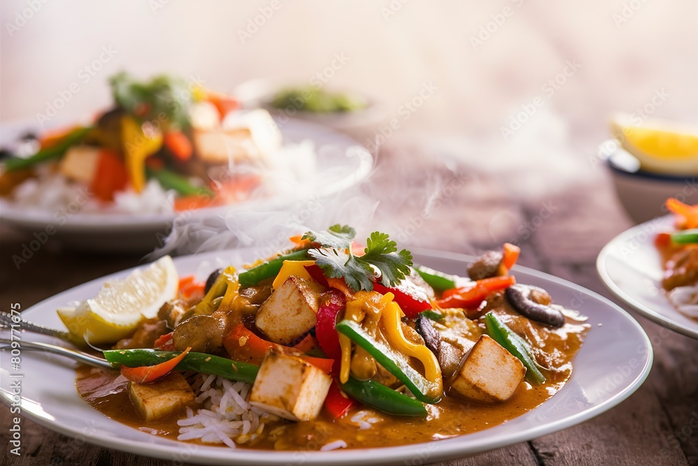 Vegan curry with tofu, mushrooms and vegetables Vegan curry with tofu, mushrooms and vegetables