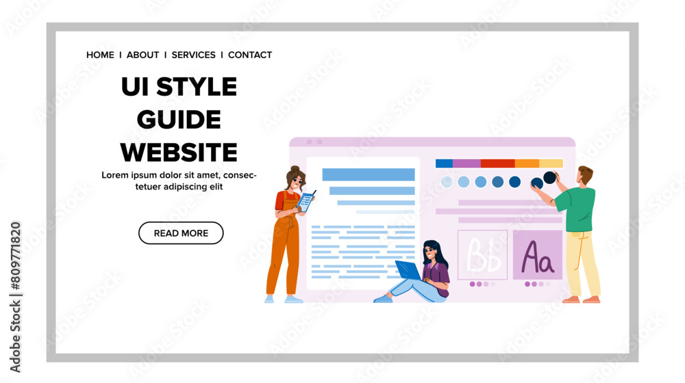 navigation ui style guide website vector. buttons icons, images responsive, mobile accessibility navigation ui style guide website web flat cartoon illustration