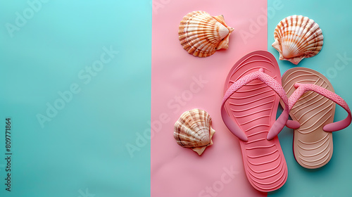 Summer concept with bright colors  flip flops ans sea shells copy space. Blank area for text.
