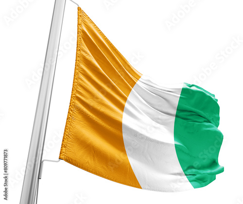 Ivory Coast waving flag with mast on white background with cutout path.