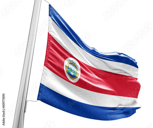 Costa Rica waving flag with mast on white background with cutout path.