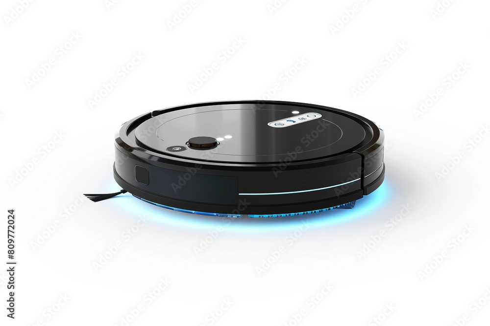 A high-performance robotic vacuum cleaner with Wi-Fi connectivity and app control isolated on a solid white background. A high-performance robotic vacuum cleaner with Wi-Fi connectivity and app control isolated on a solid white background.