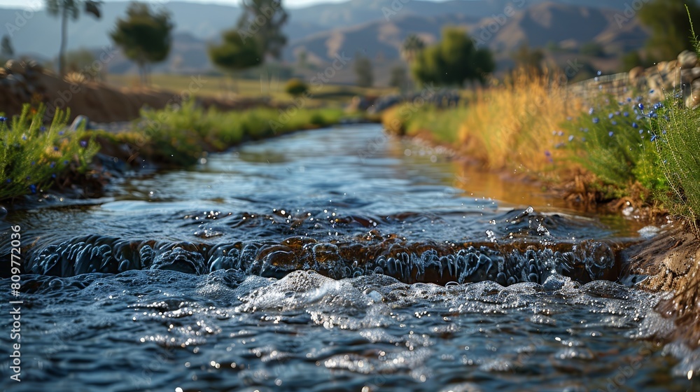 Fototapeta premium Flowing Serenity: A Water Stream Meandering Through a Verdant Meadow. Generative AI