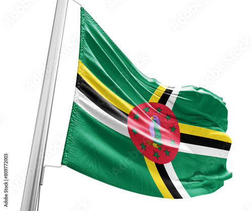 Dominica waving flag with mast on white background with cutout path.
