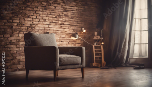 dimly lit cozy room wall of brick cremites and single modern fabric armchair 