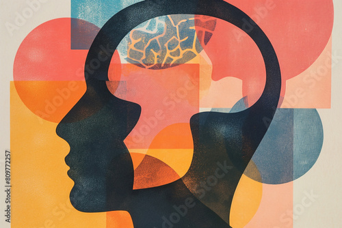 Human profile silhouette in dark color superimposed on colorful risographic style background.