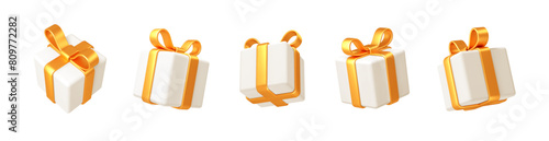 Set of realistic 3d render gift boxes. White gift box with yellow gold bow and ribbon. Gift box in different angles isolated on white. Vector illustration.