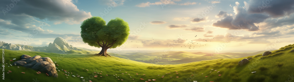 Panoramic View of Heart-shaped Tree at Sunset with Mountain Backdrop Panoramic View of Heart-shaped Tree at Sunset with Mountain Backdrop