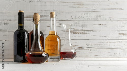 Decanter with bottles of wine on white wooden background
