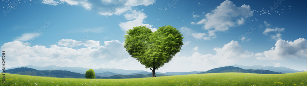 Fototapeta premium Heart-shaped Tree in a Vibrant Mountain Meadow