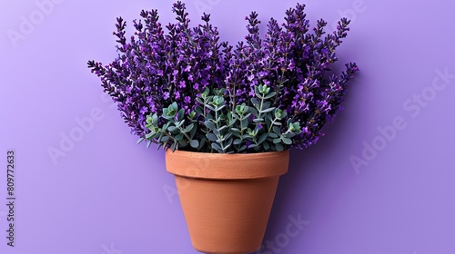  A potted plant with purple flowers sits on a purple surface next to a purple wall and a purple background