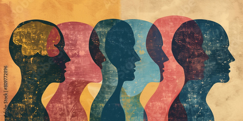 Four human profiles with visible brain structures in a colorful risograph style.