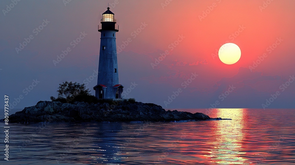   A lighthouse perched atop a tiny isle amidst a vast water expanse, bathed in the golden hues of twilight