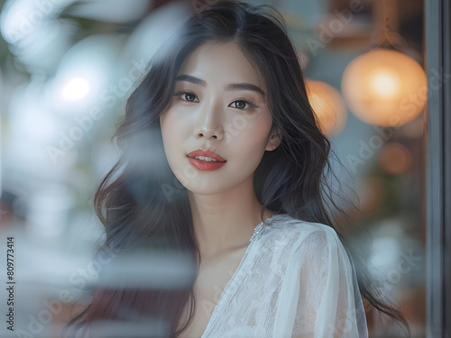 a asian woman with long hair looking out a window