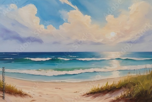Watercolor illustration of a seashore.